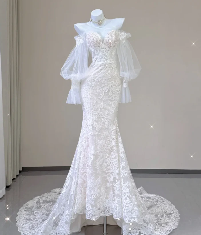 Elegant Mermaid Off The Shoulder Tulle Wedding Dresses Lace Brides Dress P0004 - Deanwangkt