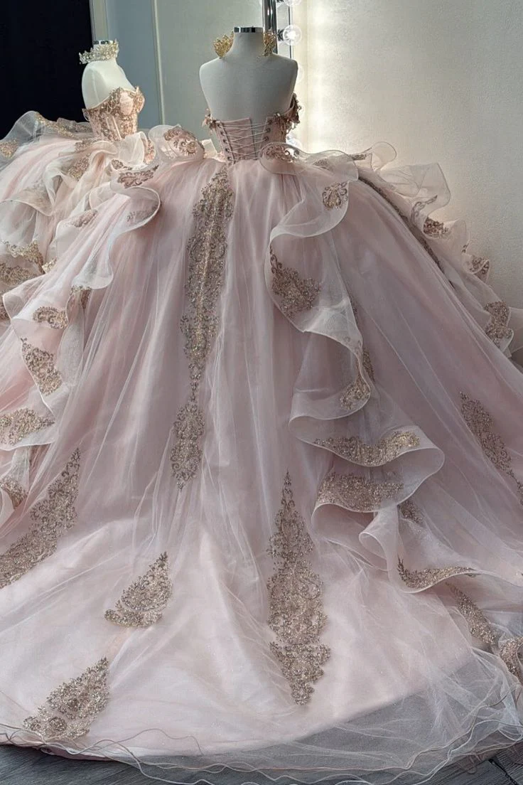 Gorgeous Pink Strapless Tulle Long Ball Gown Sweet Appliques Rhinestone Beadings 16th Birthday Dress Cute Quinceanera Dress DH2738 - Deanwangkt