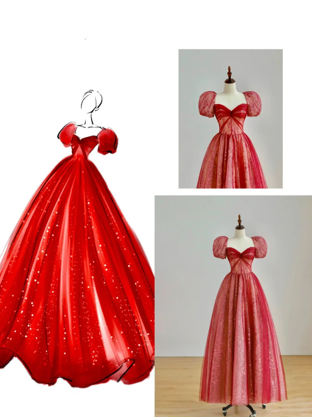 Elegant Glamour Ball Gown Sweetheart Short Sleeves Tulle Red Prom Dress Party Dress Evening Dresses DP1504 - Deanwangkt