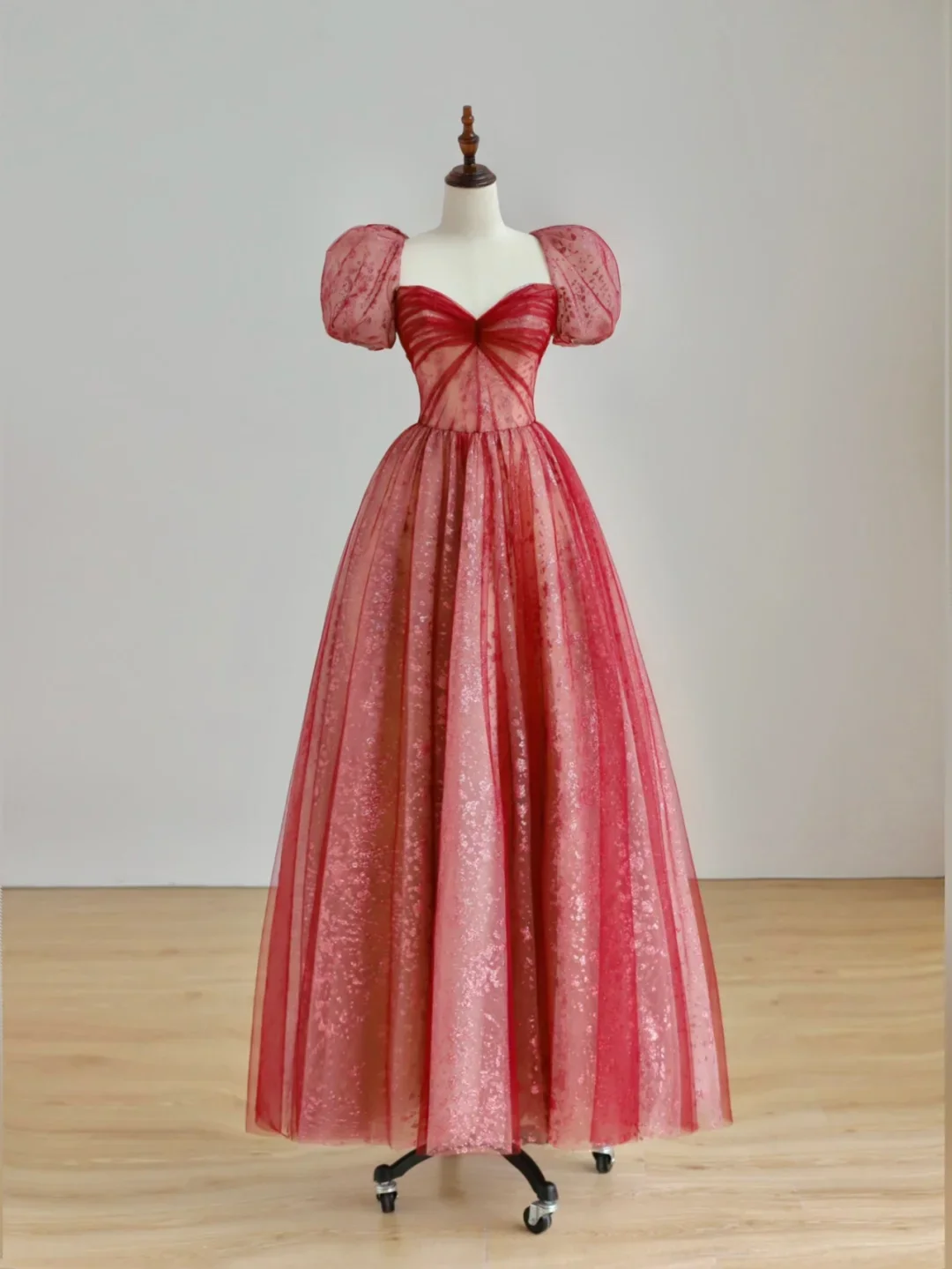 Elegant Glamour Ball Gown Sweetheart Short Sleeves Tulle Red Prom Dress Party Dress Evening Dresses DP1504 - Deanwangkt