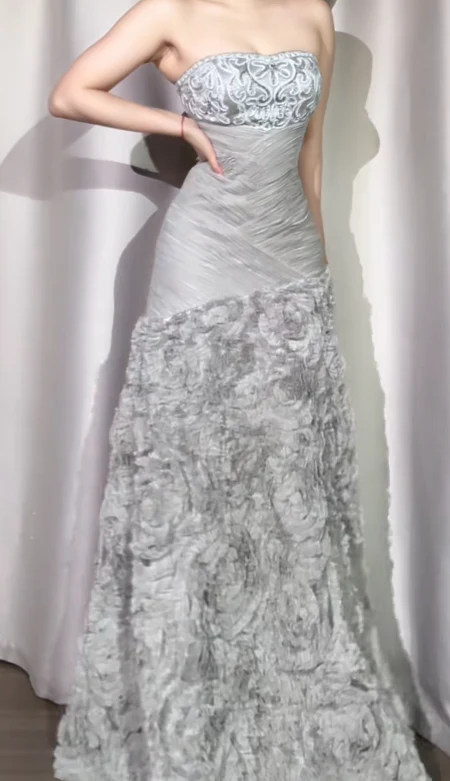 Vintage Strapless Sheath Long Prom Dresses Elegant Tulle Grey Evening Dresses DP3696 - Deanwangkt