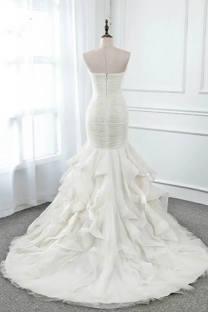 Chic Strapless Sweetheart Ivory Wedding Dresses Ruffles Tulle Sleeveless Bridal Gowns with Feather DP615 - Deanwangkt