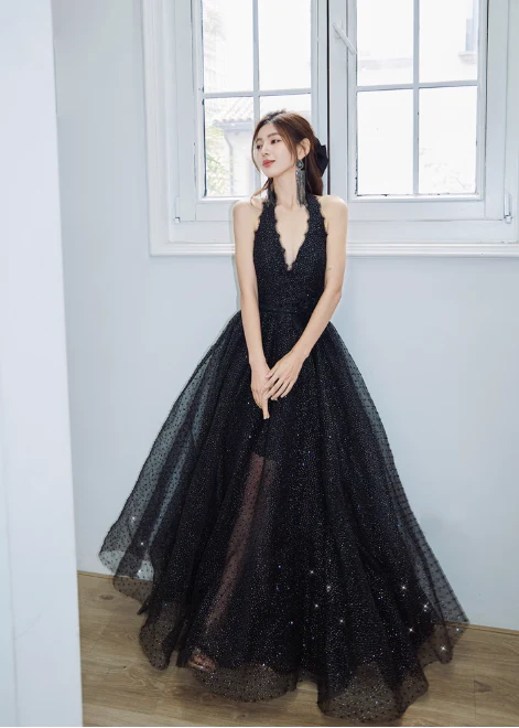 Elegant Vneck A-line Black Long Evening Dresses Sequin Tulle Black Birthday Dresses DP3780 - Deanwangkt