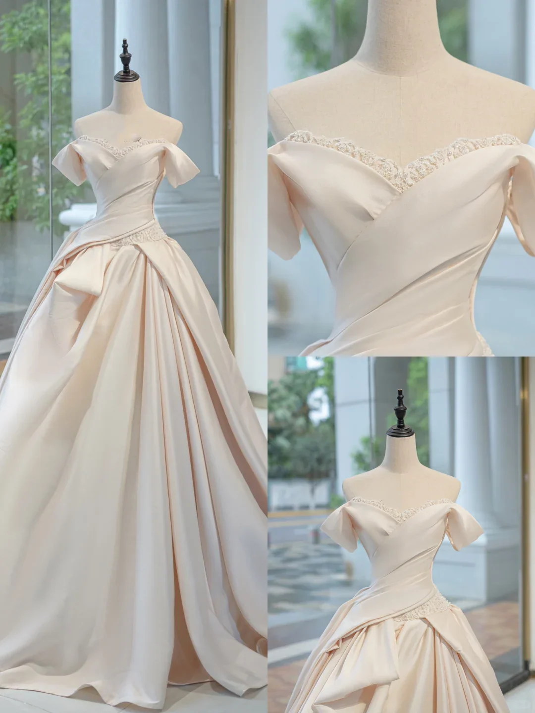 Timeless Bridal Gown Ball Gown Off The Shoulder Satin Long Light Pink Wedding Dresses Elegant Brides Gowns DH731 - Deanwangkt