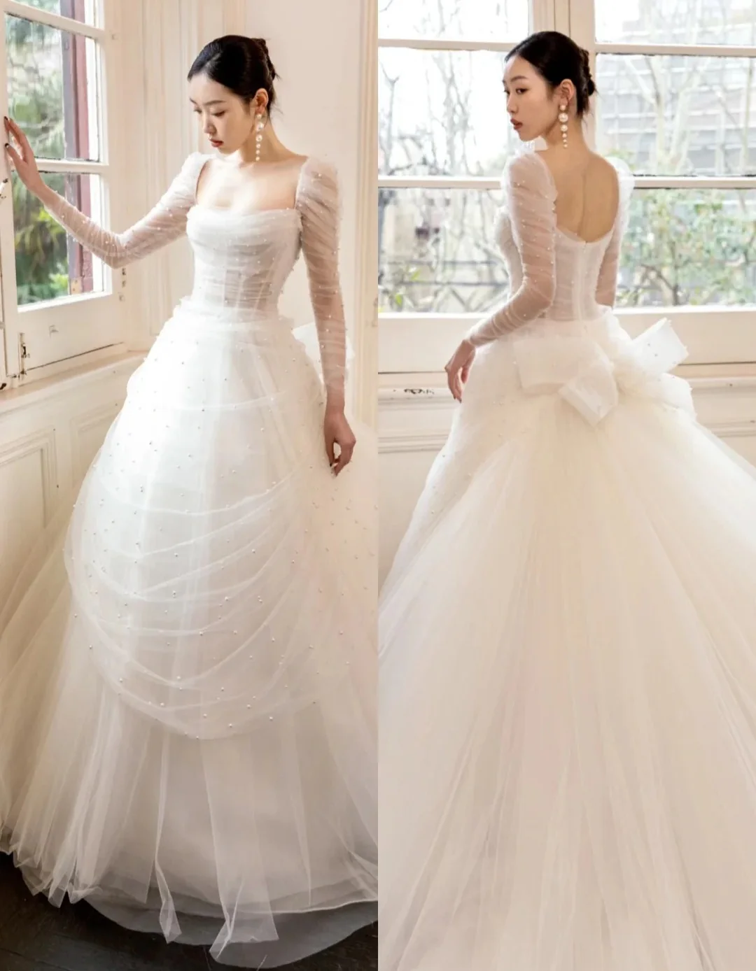 Timeless Square Neck Long Sleeve Luxury Wedding Dresses White Ball Gown Tulle Bridal Gowns with Beading DP2989 - Deanwangkt