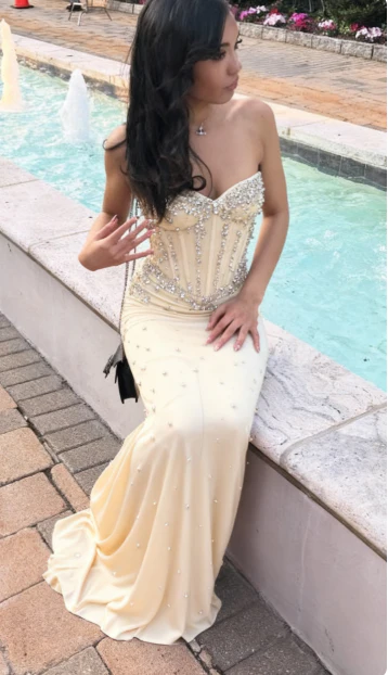 Sexy V-neck Sheath Beige Long Prom Dresses Chiffon Rhinestone Beige Evening Dresses DP3984 - Deanwangkt