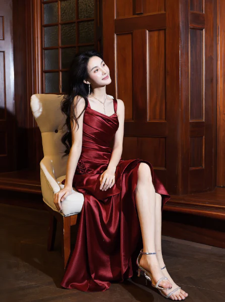 Gorgeous Sheath Long Prom Dresses Satin Sleeveless Formal Dresses Ruffle Burgundy Birthday Dresses DP3258 - Deanwangkt