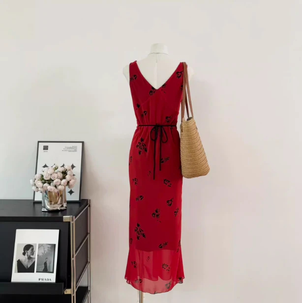 Cute A line V Neckline Red Floral Long Summer Dress For Women DP0011 - Deanwangkt