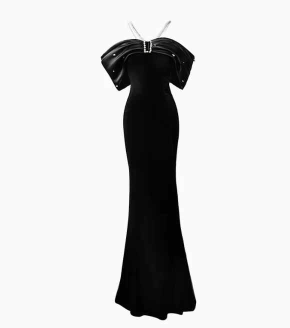 Elegant Black Mermaid Evening Gowns Off-the-shoulder Satin Long Prom Dress Modest Sleeveless Formal Dress DH2745 - Deanwangkt