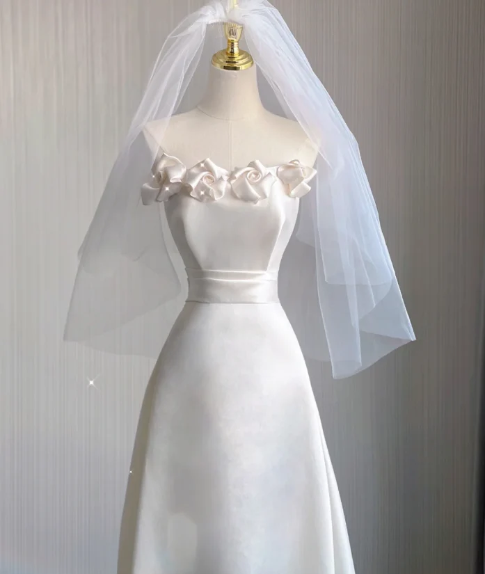 Unique A line Strapless Long White Wedding Dresses Summer Brides Dress DP408 - Deanwangkt