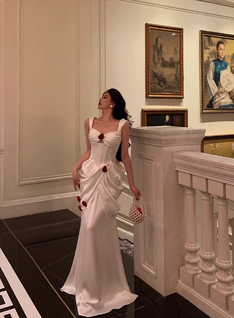 Elegant Mermaid Straps White Satin Sleeveless 21st Birthday Dresses Evening Gown Birthday Outfits Birthday Dress Ideas For Women DP1410 - Deanwangkt