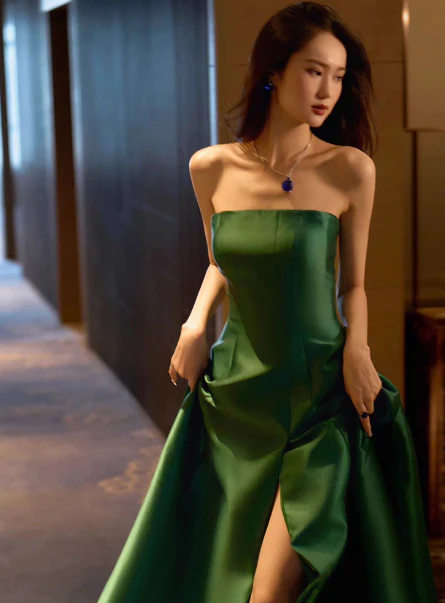 Modest Strapless A-line Satin Long Prom Dresses, Dark Green Formal Evening Dresses DP3064 - Deanwangkt