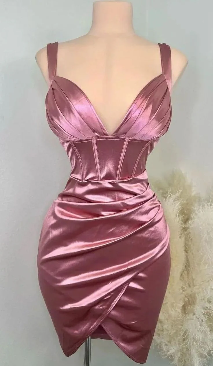 Trendy Sheath Straps Pink Satin Formal Short 8th Grade Homecoming Dress Summer Middle School Hoco Dresses Cocktail Dress Birthday Outfits W0596 - Deanwangkt