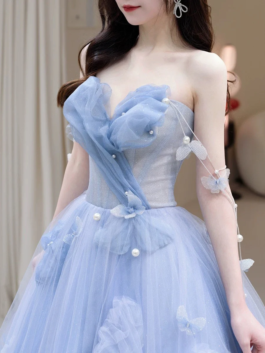 Classy Elegant Ball Gown Sweetheart Blue Tulle Flowers Prom Dresses H2891 - Deanwangkt