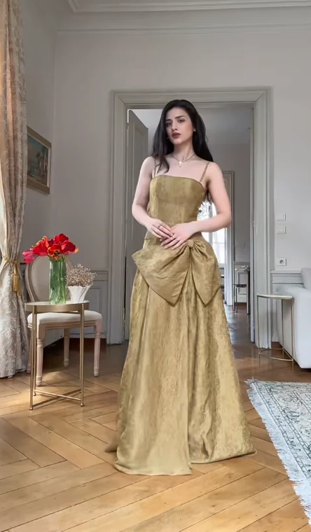 Elegant Spaghetti Strap Sheath Long Prom Dresses Jacquard Satin Yellow Evening Dresses DP3718 - Deanwangkt