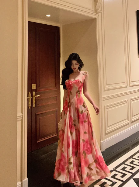 Classy A line Spaghetti Straps Pink Floral Sleeveless 18th Birthday Dress Party Gown Birthday Outfits Birthday Dress Ideas For Women DP554 - Deanwangkt