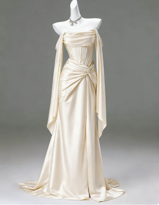 Elegant Sheath Off-White Long Prom Dresses; Off-the-shoulder Satin Off-White Evening Dresses DP04009 - Deanwangkt