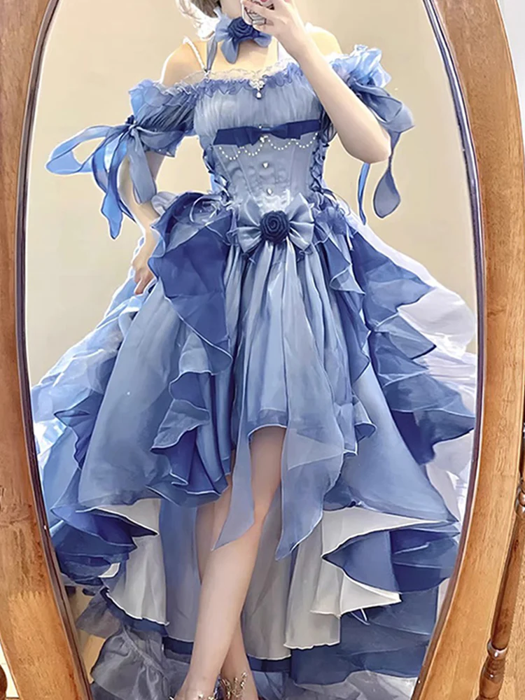 Vintage High Low Off The Shoulder Short Sleeves 16th Blue Birthday Dress Lolita Dress Birthday Outfits DP0224 - Deanwangkt