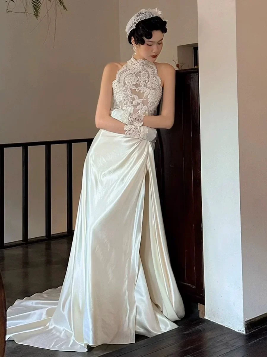 Vintage Wedding Dress A line High Neck White Satin Summer Long Wedding Dresses Bridal Gowns W0746 - Deanwangkt