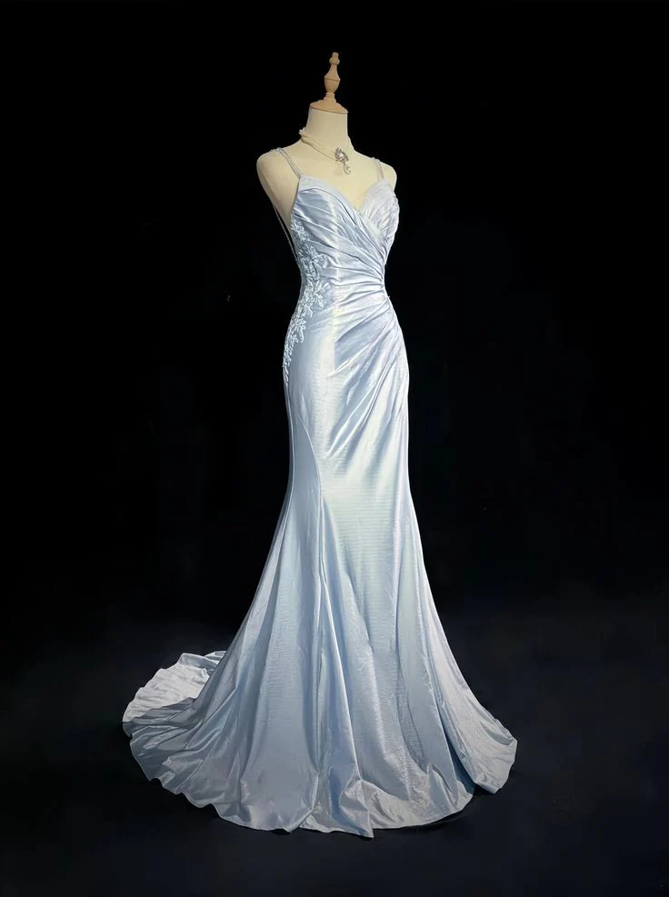 Classy Elegant Blue Spaghetti Strap Prom Gown Pleated Sweetheart Neckline Sexy Backless Prom Dress DP479 - Deanwangkt
