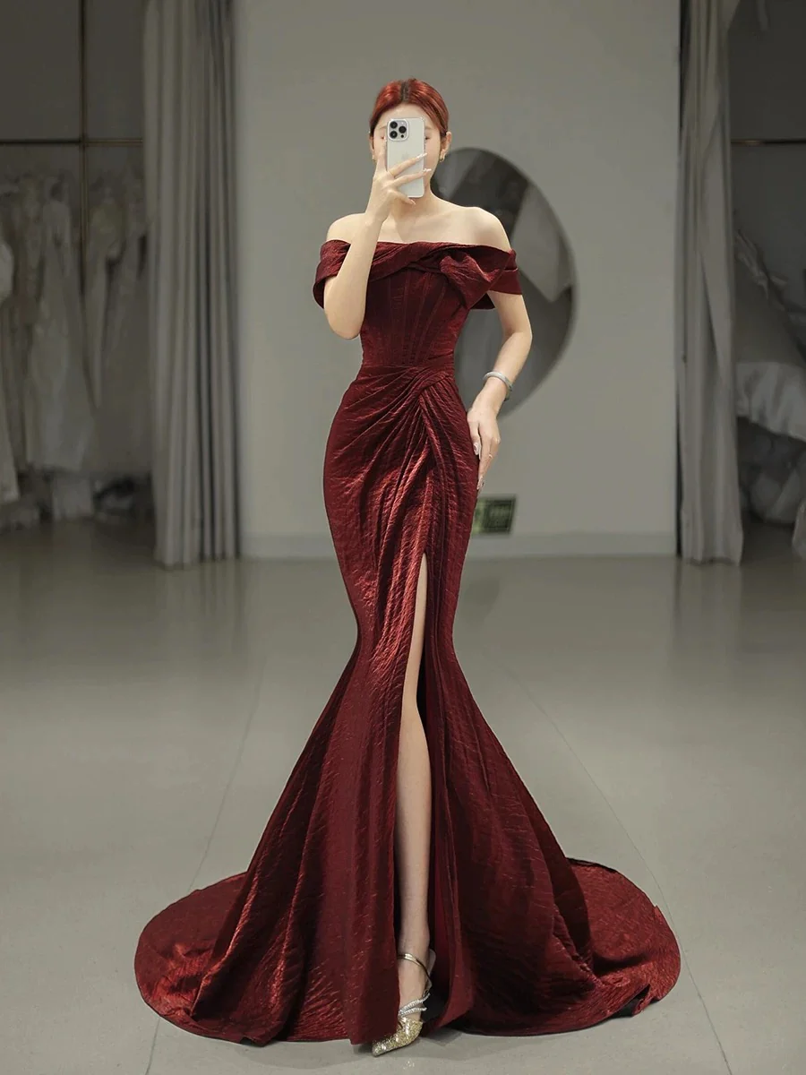 Classy Mermaid Off The Shoulder Burgundy Satin Slit Evening Dress Long Prom Dresses H2875 - Deanwangkt