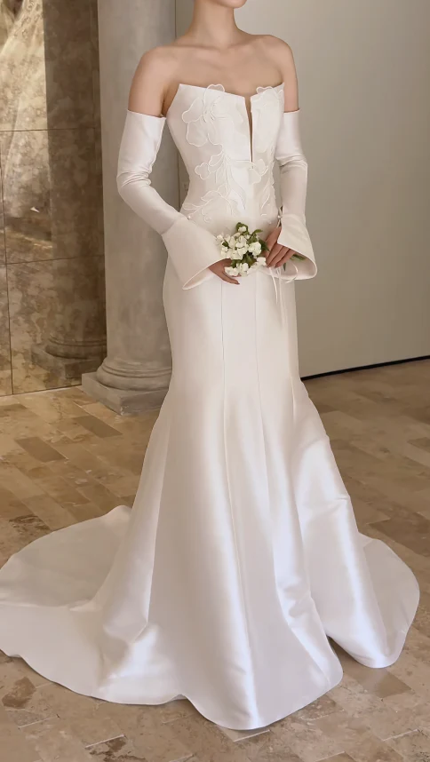 Timeless Strapless Mermaid Wedding Dresses Satin White Bridal Gowns DP3330 - Deanwangkt