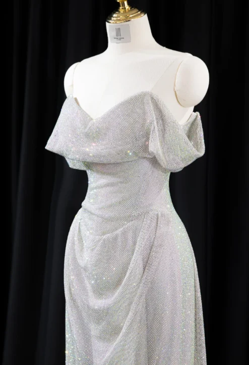 Glam Strapless Sheath Long Prom Dresses Net Silver Evening Dresses DP3336 - Deanwangkt