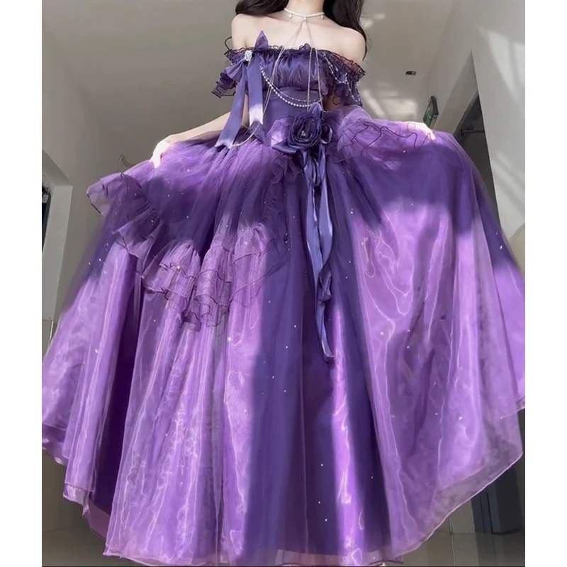 Vintage Ball Gown Off The Shoulder Grape Tulle 22th Birthday Dress Lolita Dress Long Lolita Outfits DH2441 - Deanwangkt