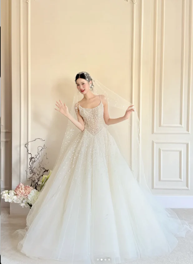 Timeless Spaghetti Strap Ball Gown Tulle Wedding Dress, White Bridal Gowns DP03049 - Deanwangkt