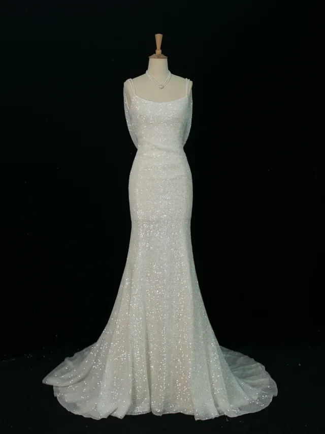 Pretty Wedding Dress Mermaid Spaghetti Straps White Sequin Long Vintage Wedding Dresses Bridal Gowns Brides Gown DH372 - Deanwangkt