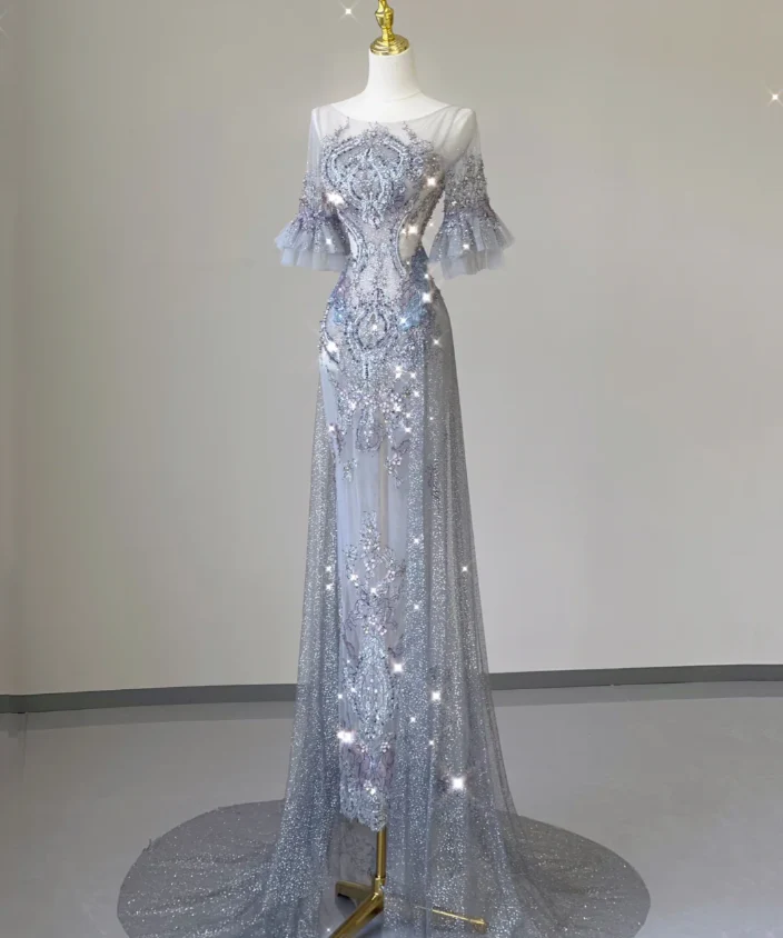 Pretty Mermaid Scoop Lace Short Sleeves Long Silver Prom Dresses Evening Dresses DP449 - Deanwangkt