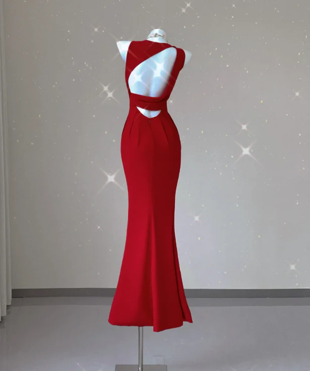 Classy Mermaid Jewel Red Satin Slit Evening Dress Long Prom Dresses P0021 - Deanwangkt