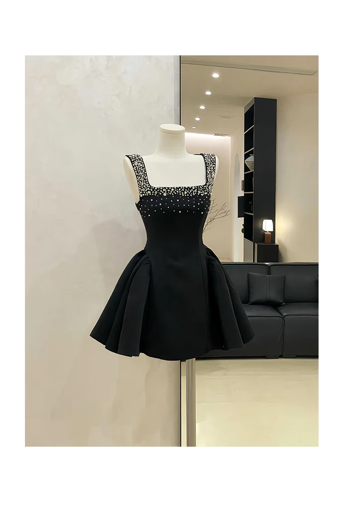 Cute A line Square Neck Black Party Dresses Short Formal Homecoming Dresses Night Chic Elegant Short Dresses Cocktail Dress 16th Birthday Outfits Hoco Dresses DH2756 - Deanwangkt