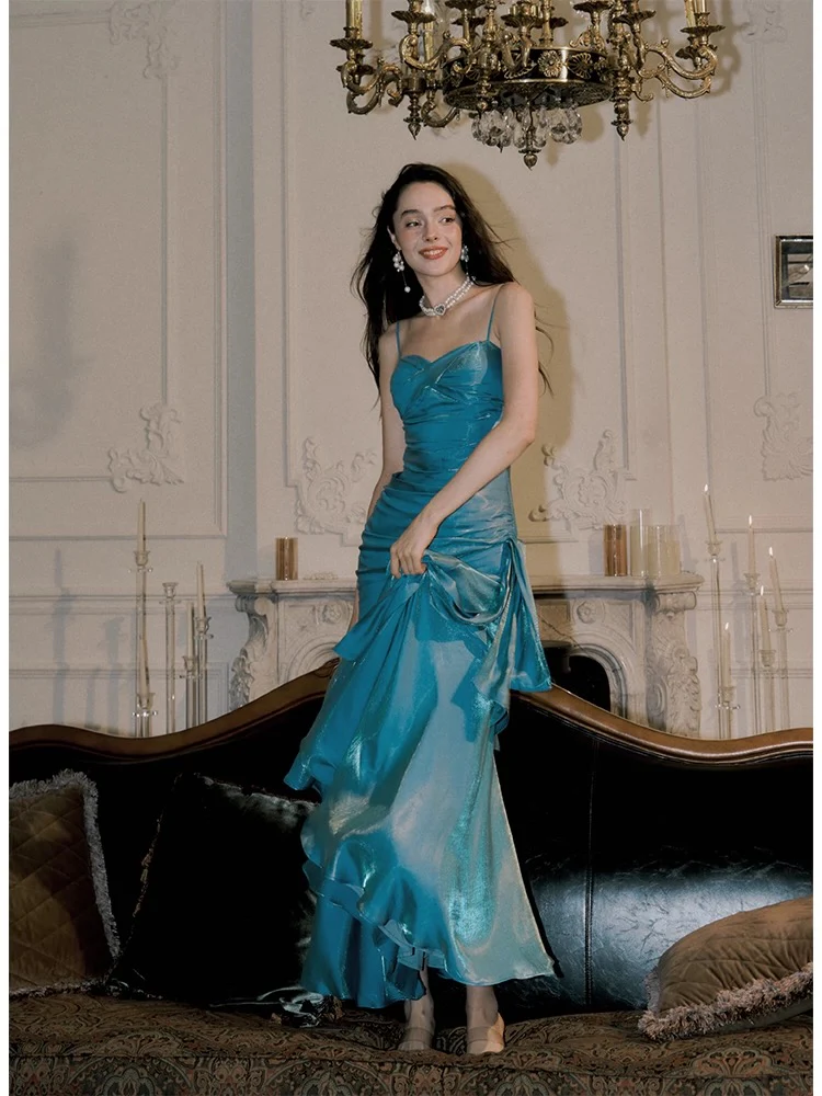 Elegant Mermaid Spaghetti Straps Blue Satin Long Prom Dresses Party Dress 21st Birthday Outfits Graduation Dresses DH2398 - Deanwangkt