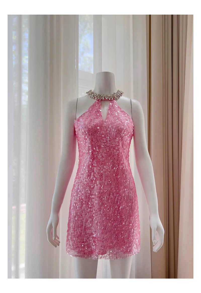 Cute Sheath High Neck Pink Sequin Formal Short 8th Grade Homecoming Dress Summer Middle School Hoco Dresses Birthday Outfits W985 - Deanwangkt