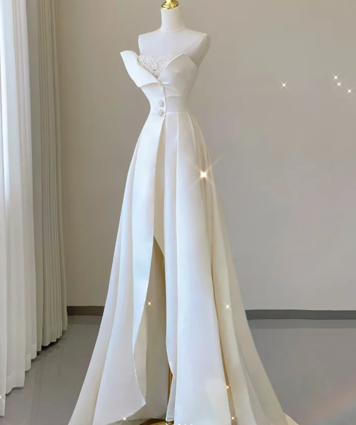 Unique A line Strapless Neckline Satin Long Wedding Dresses White Brides Dress DP459 - Deanwangkt