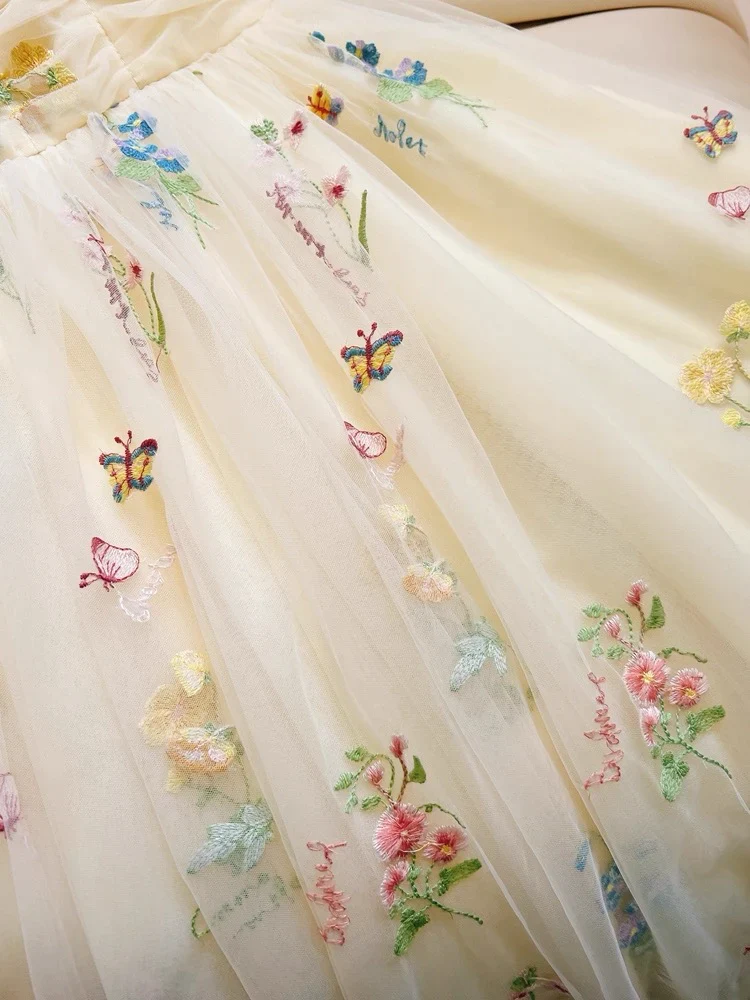 Cute Straps A-Line Tulle Floral Long Prom Dresses, Pale Yellow Formal Evening Dresses DP3164 - Deanwangkt
