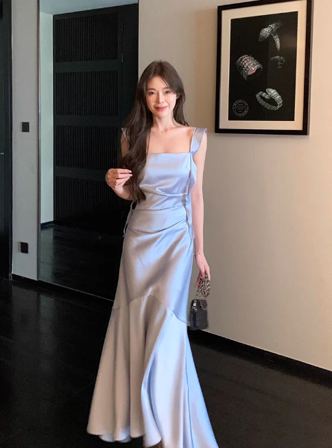 Elegant Spaghetti Strap Mermaid Satin Long Formal Evening Dress Cute Graduation Dress DP2906 - Deanwangkt