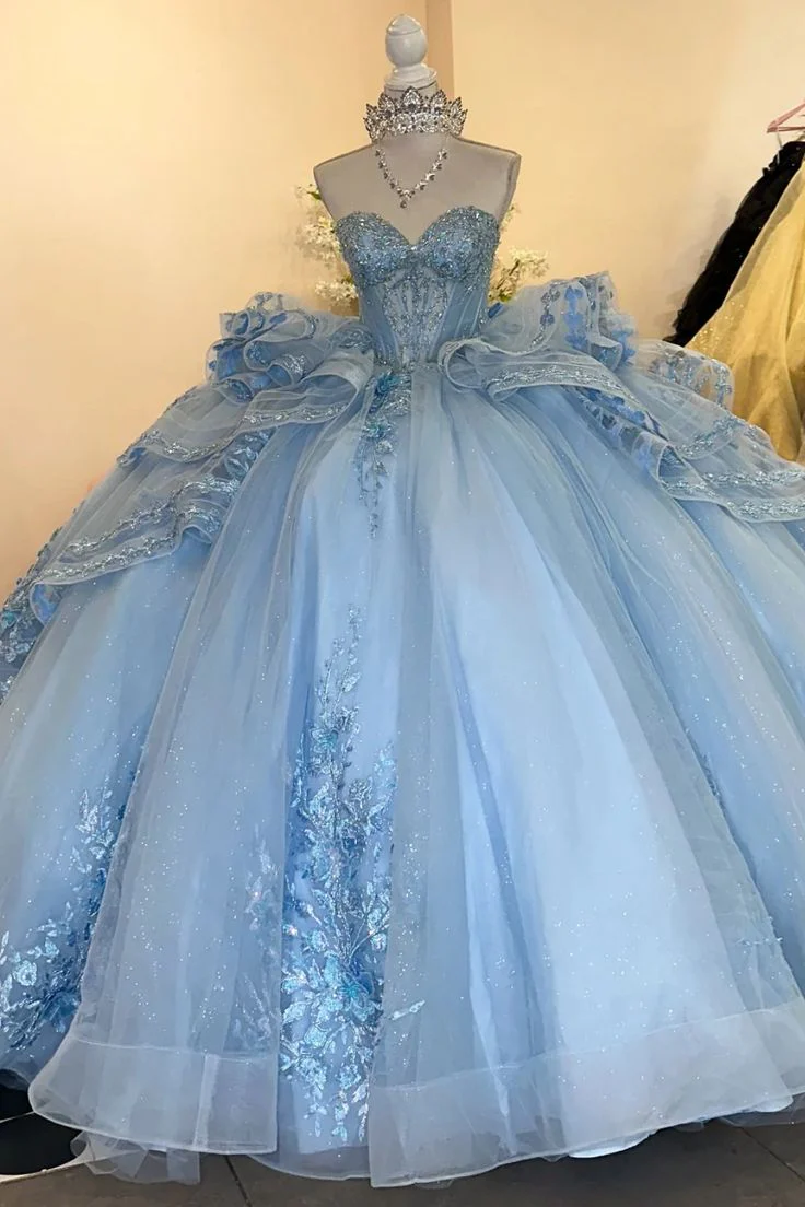 Fairy Sweetheart Neck Ball Gown Long Prom Dresses Tulle Applique Blue Quinceanera Dresses Sweet 16 Dresses DP3690 - Deanwangkt