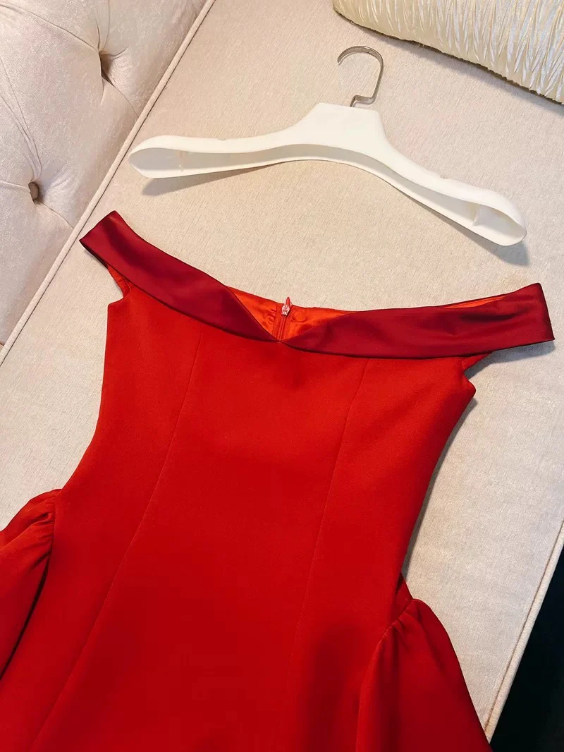 Trendy A line Off The Shoulder Satin Red Formal Short 8th Grade Homecoming Dress Summer Middle School Hoco Dresses Birthday Outfits W934 - Deanwangkt