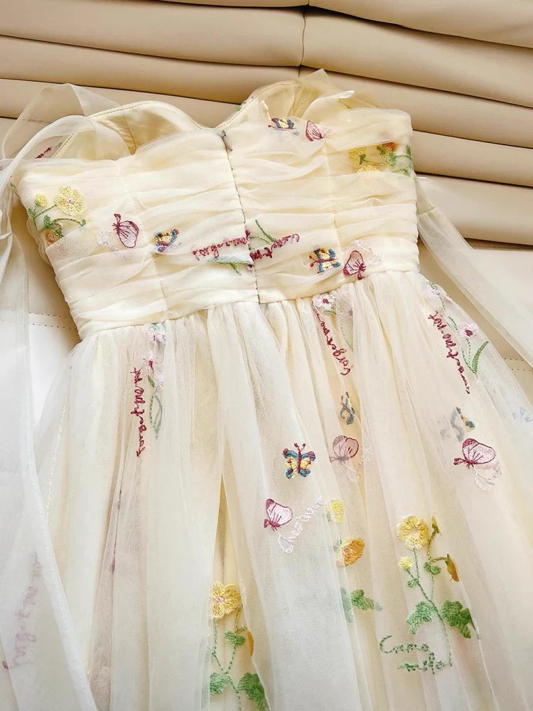 Cute Straps A-Line Tulle Floral Long Prom Dresses, Pale Yellow Formal Evening Dresses DP3164 - Deanwangkt