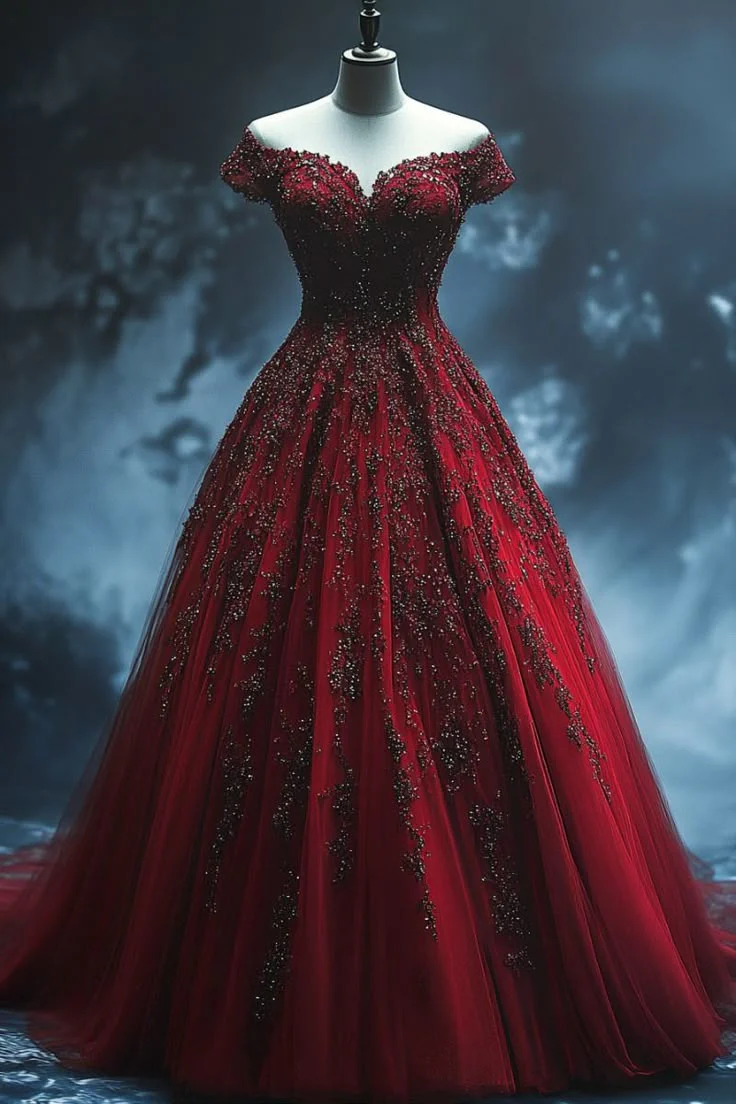 Pretty Ball Gown Off The Shoulder Burgundy Tulle Long Quinceanera Dress Formal Gown Vestido De 15 Anos Sweet 16 Dress W0316 - Deanwangkt