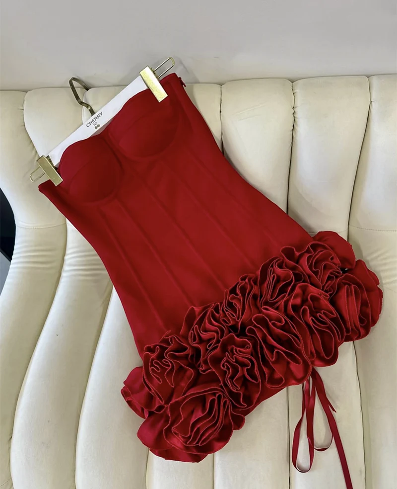 Cute Sheath Strapless Red Satin Formal Homecoming Dresses 18th Birthday Outfits Graduation Dress Short Mini Hoco Dresses DH2542 - Deanwangkt