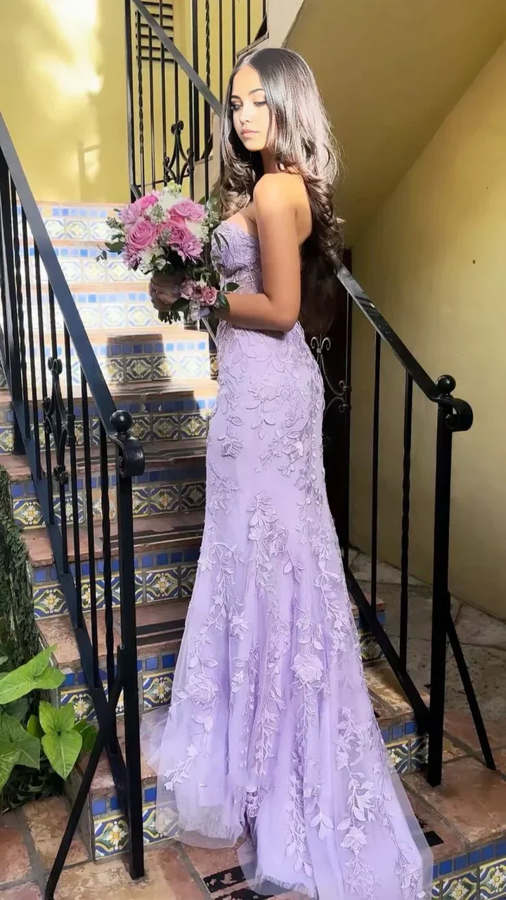 Mermaid Strapless Tulle Lace Appliques Purple formal dresses Bridesmaid Dresses evening gown Prom Dress DP292 - Deanwangkt