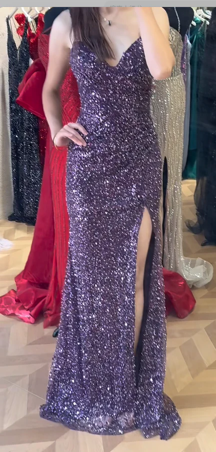Chic Sheath Purple Long Prom Dresses with Slits Sequin Purple Wedding Guest Dresses DP3773 - Deanwangkt