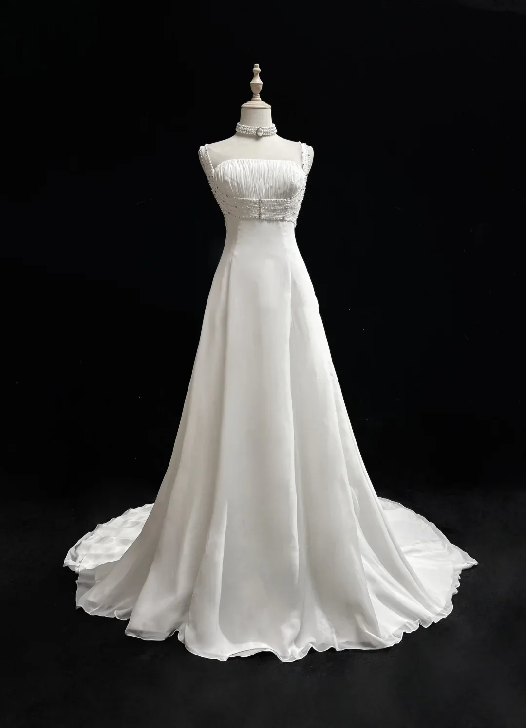 Unique Wedding Dress A Line Square Neck White Chiffon Beads 90s Wedding Dresses Vintage Bridal Gowns DH1155 - Deanwangkt