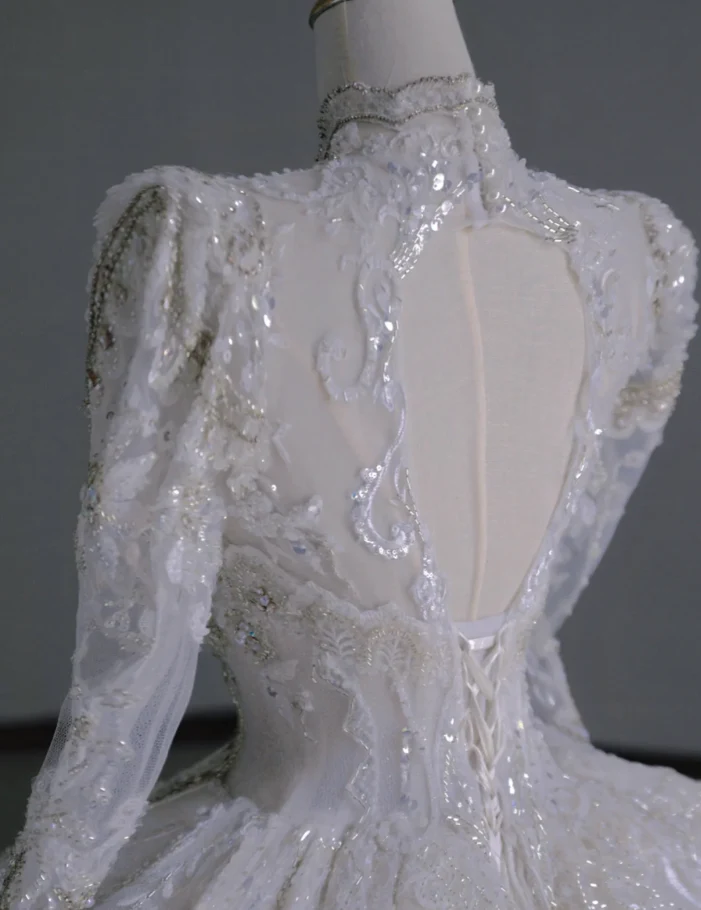 Timeless Ball Gown V Neckline Long Sleeves Long Satin White Sweep Train Wedding Dresses Brides Dress DP509 - Deanwangkt