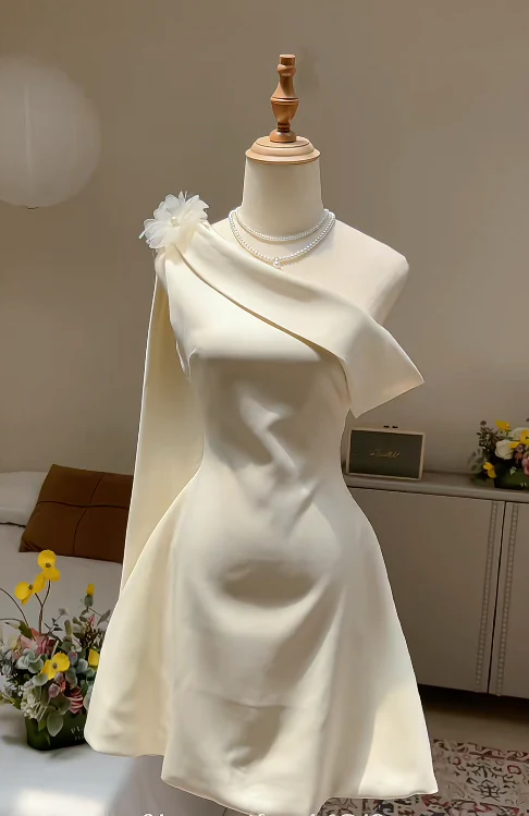 Fairy One-Shoulder Sheath Short Prom Dress Satin White Birthday Dress Sleeveless Homecoming Dresses DP3790 - Deanwangkt