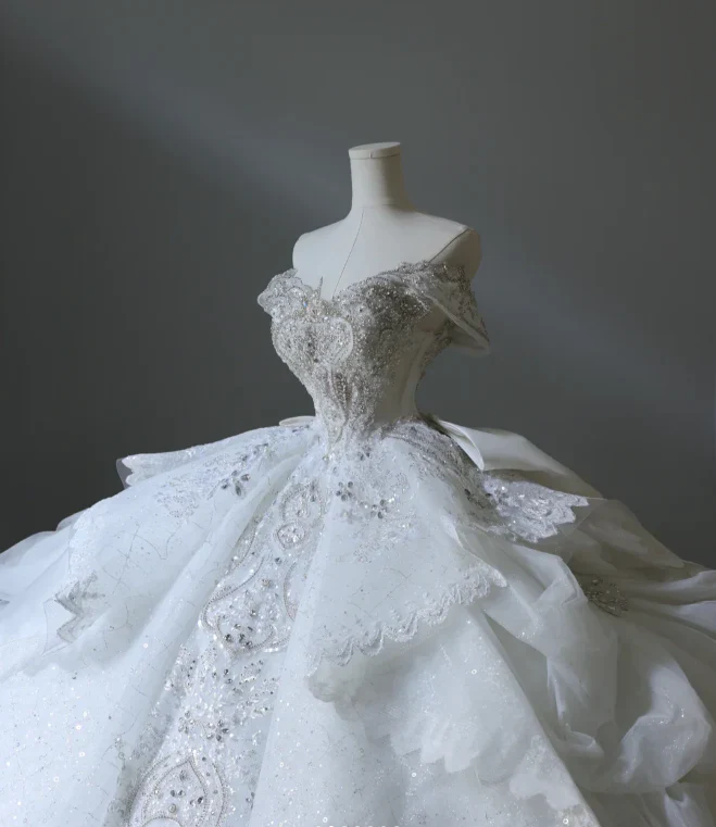 Princess Bridal Dress Ball Gown Off The Shoulder Tulle Wedding Dress With Short Sleeves Wedding Dresses Modest Wedding Gowns DH1503 - Deanwangkt