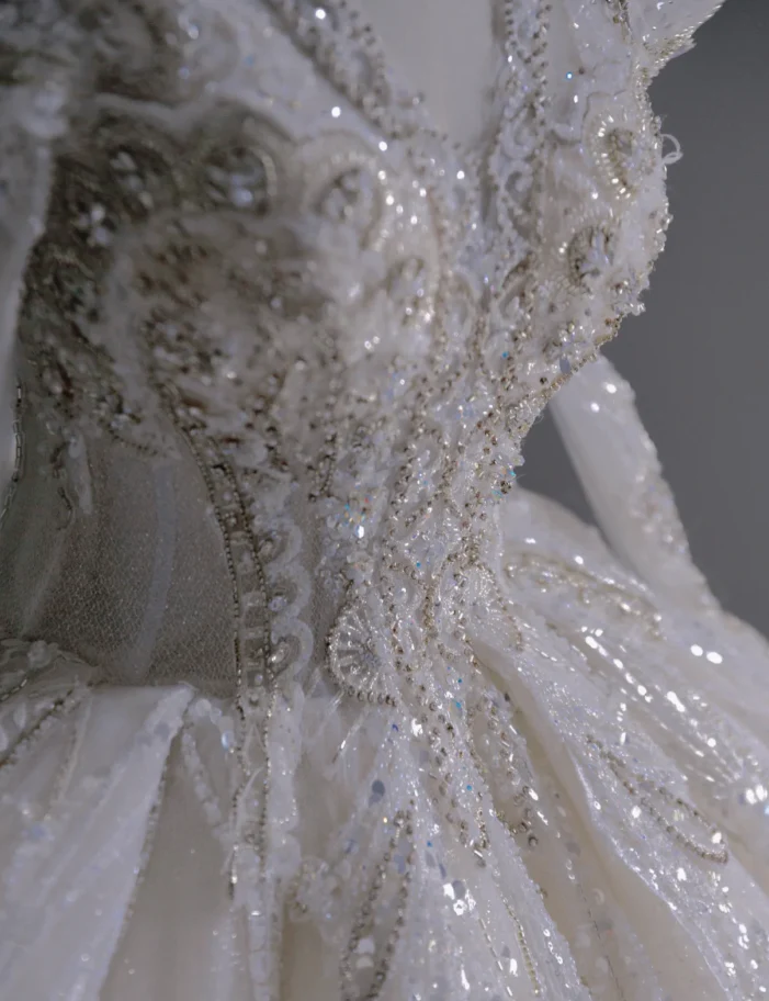 Timeless Ball Gown V Neckline Long Sleeves Long Satin White Sweep Train Wedding Dresses Brides Dress DP509 - Deanwangkt